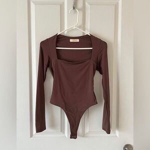 Brown Long Sleeve Square Neck Bodysuit